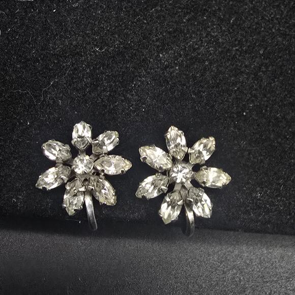 Van Dell Sterling Silver Earrings Rhinestone Flower Screw Back Vintage Jewelry - Picture 1 of 9